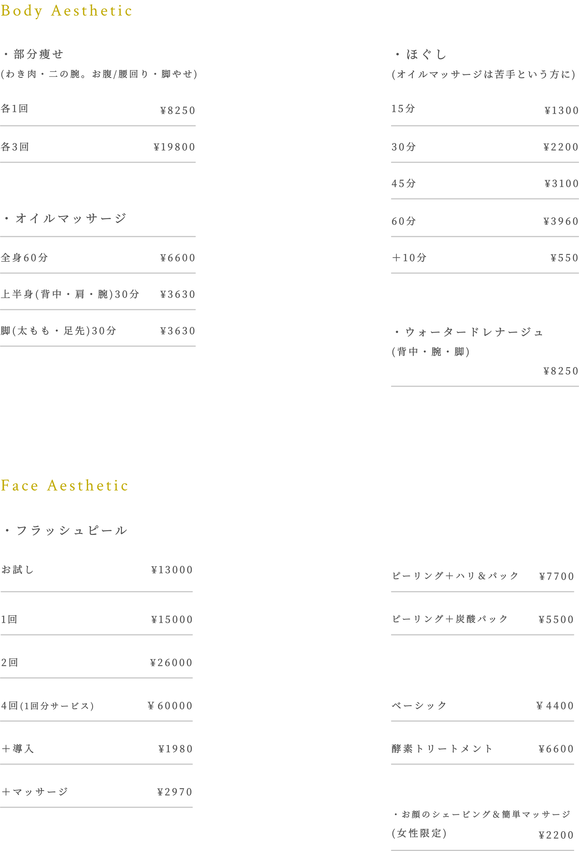 ボディエステ、部分痩せ、ほぐし、オイルマッサージ、ウォータードレナージュ、フラッシュピール、ピーリング、パック、酵素トリートメント、シェービング